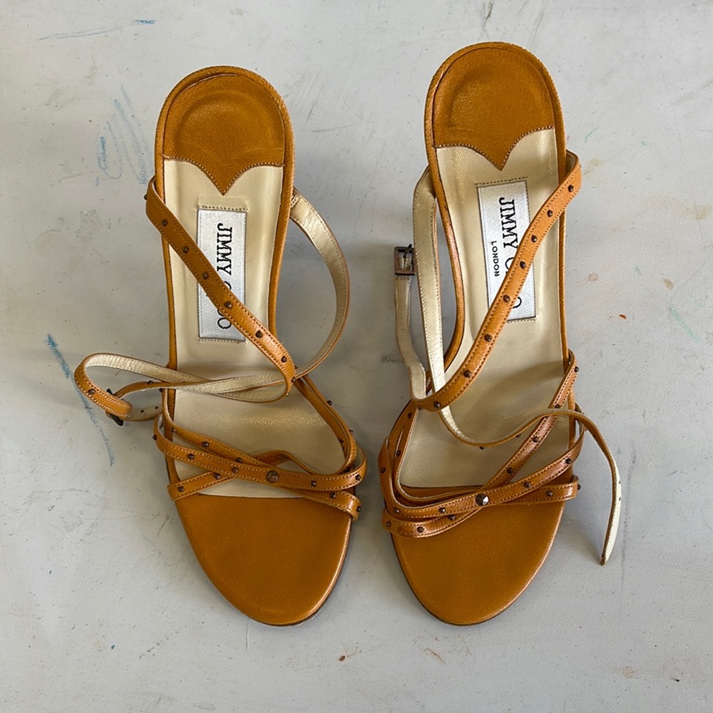 Jimmy Choo Studded Strappy Camel Orange Heels Size 36 1/2